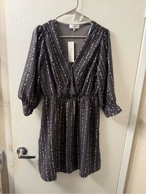 Gilli Dark Grey Dress with White Dash Stripe Print